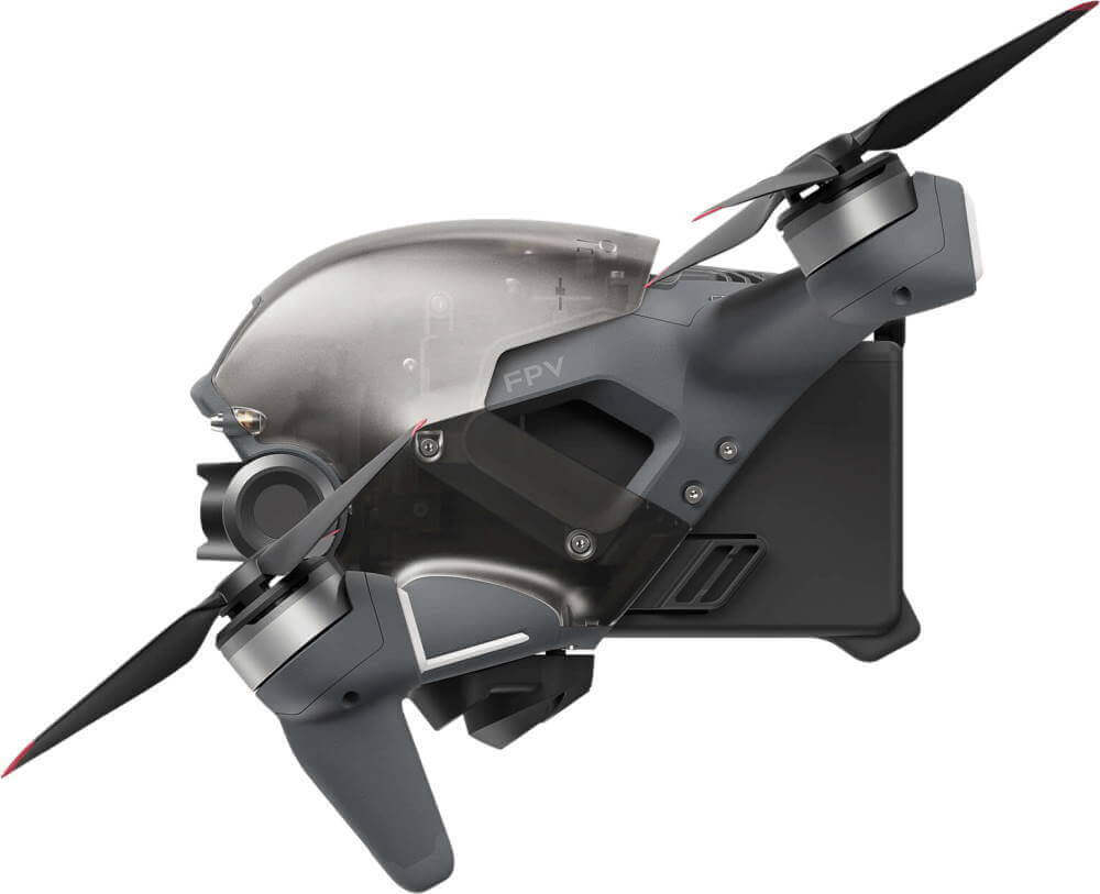 side view of an FPV drone in black and grey color