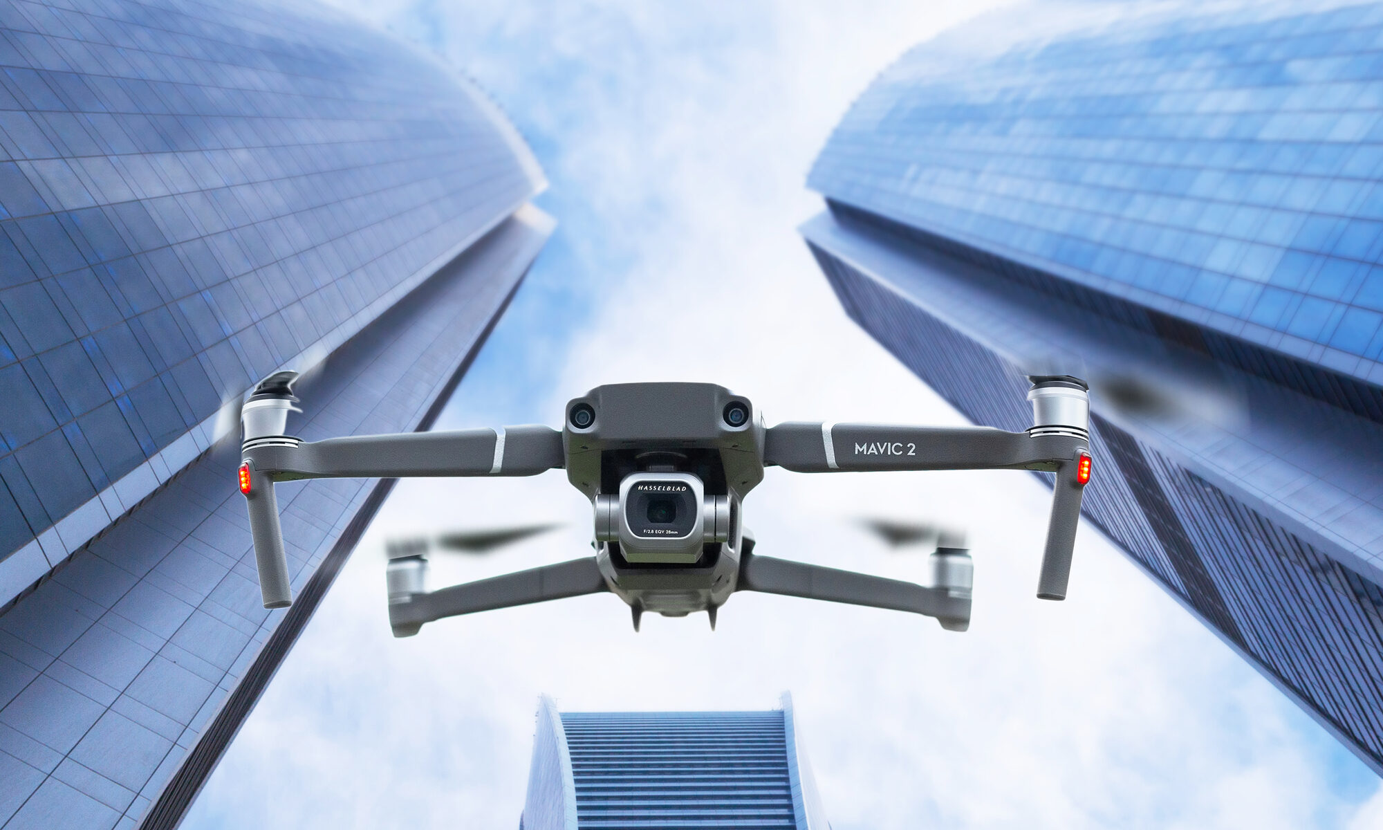DJI Mavic 2 pro drone with hasselblad camera with skyscraper buildings background.