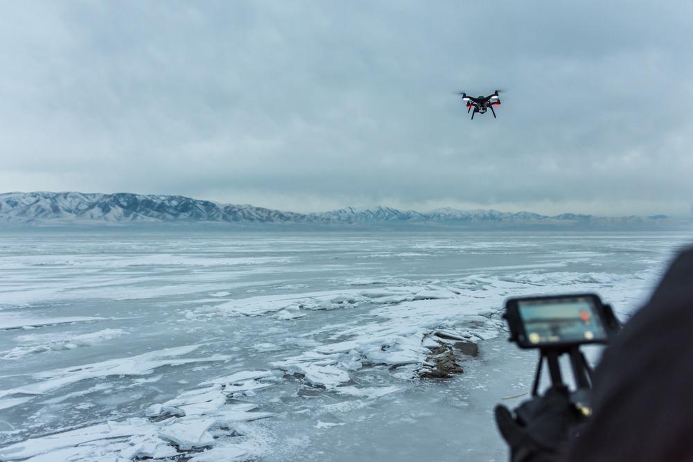 Flying Quadcopter over Frozen Utah Lake, USA
